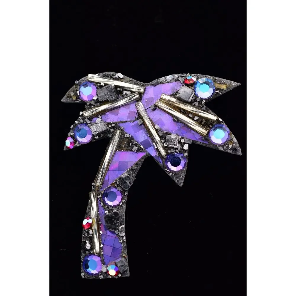 Vintage Designer Signed Palm Tree Brooch Purple Mosaic Galena Crystal Pin BinBI